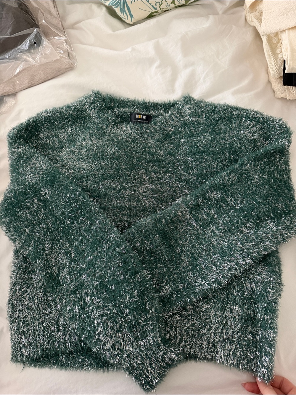 Anthropologie Maeve Teal Fuzzy V-Neck Women's Sweater